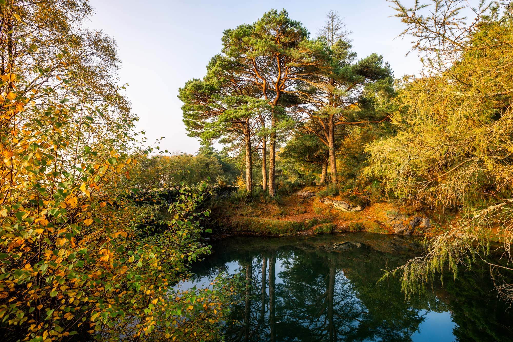 colorful sceen of a former copper mine with a pool of aqua-blue water and pine trees surrounding it